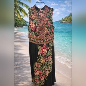 London Times Black Dress with Pink and Green Floral Design Size 14W